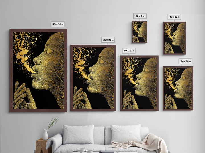 Mystical Goddess Face Exhaling Spirit, Surreal Mythology, Metallic Gold Metal Print, Spiritual Wall Art, Real Wood Frame, Dreamlike