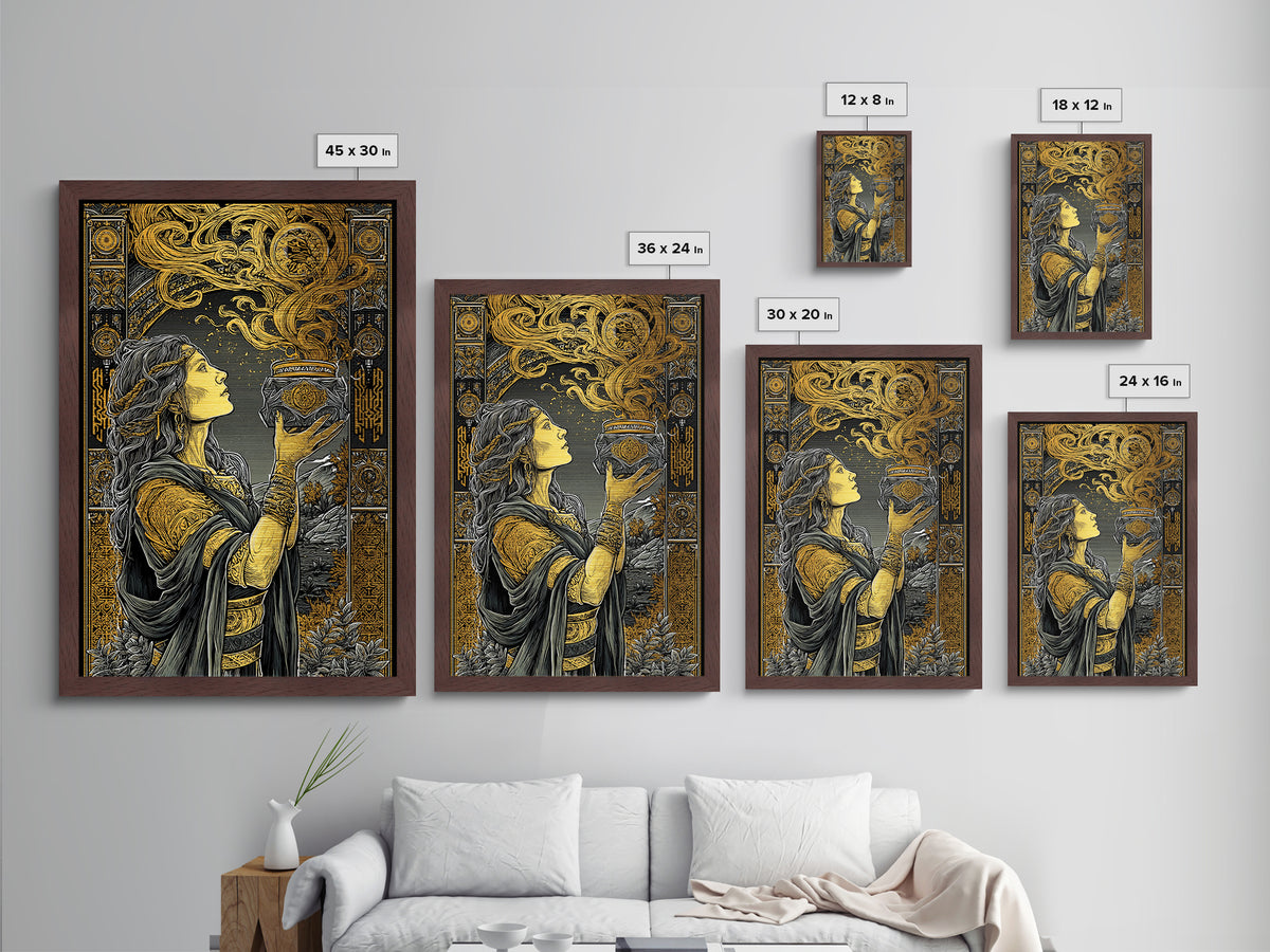 Pandora With Mythical Jar, Ancient Greek Mythology Metallic Gold Art, Detailed Decorative Wall Print, Real Wood Frame, Timeless Classic