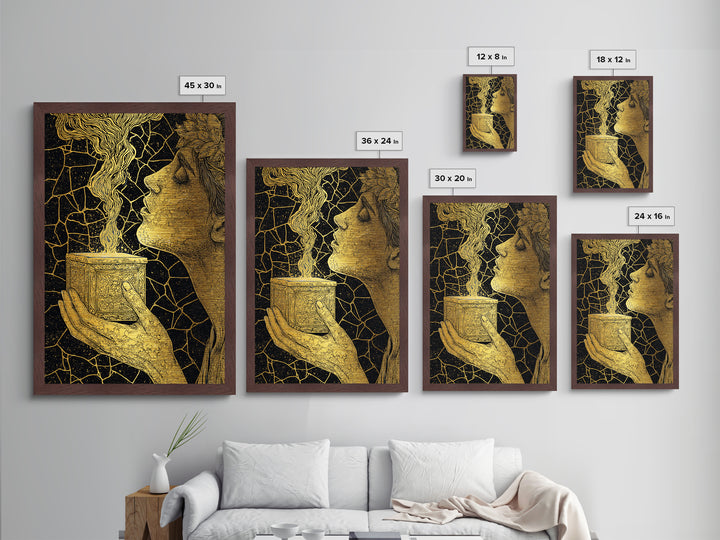 Pandora Opening Mythical Box, Surreal Greek Goddess Design, Metallic Gold Metal Print, Mythological Wall Art, Real Wood Frame, Enchanting