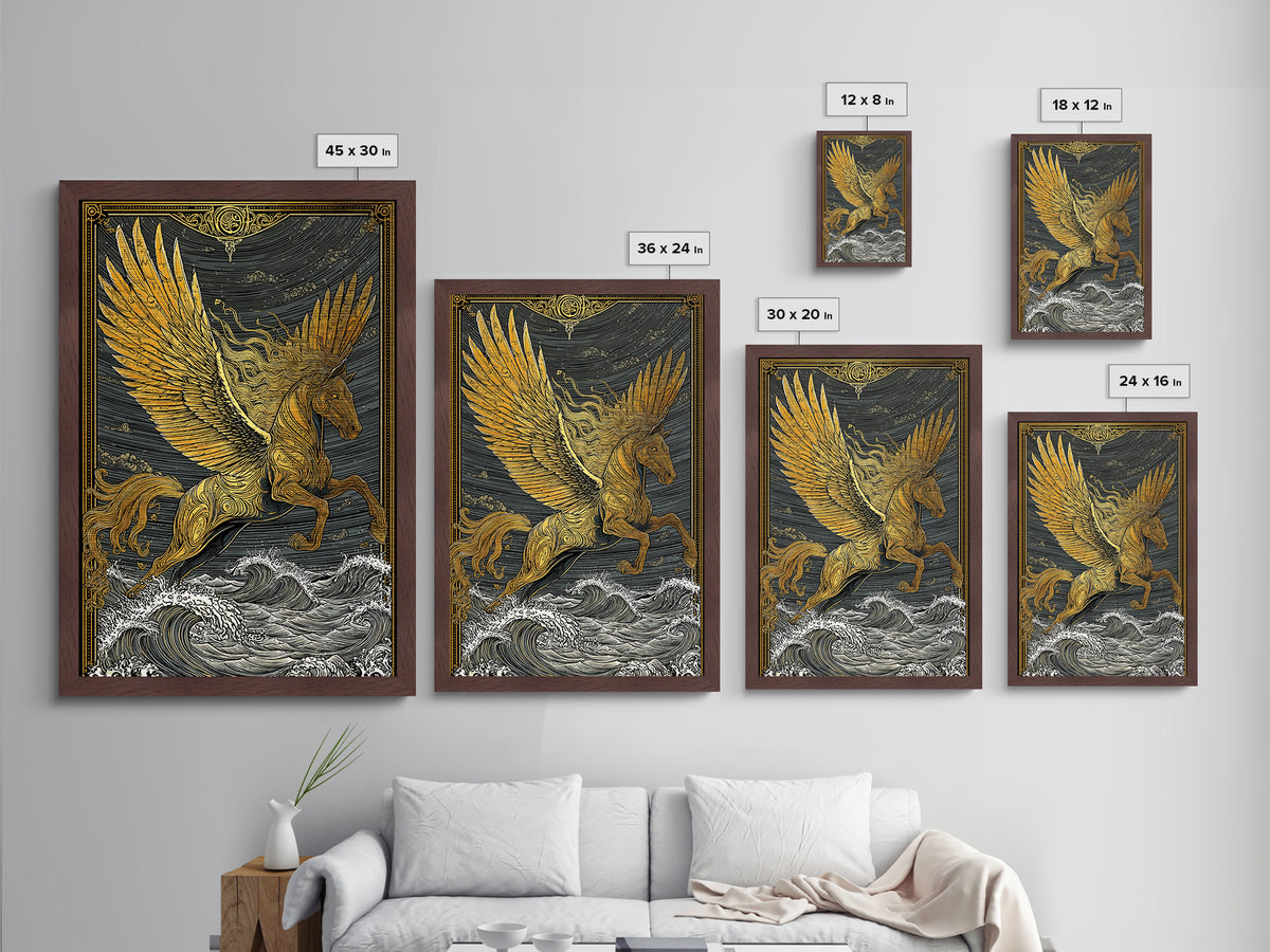 Pegasus Flying Above Waves, Mythical Winged Horse Art, Metallic Gold Art, Greek Mythology Wall Print, Real Wood Frame, Heroic Statement