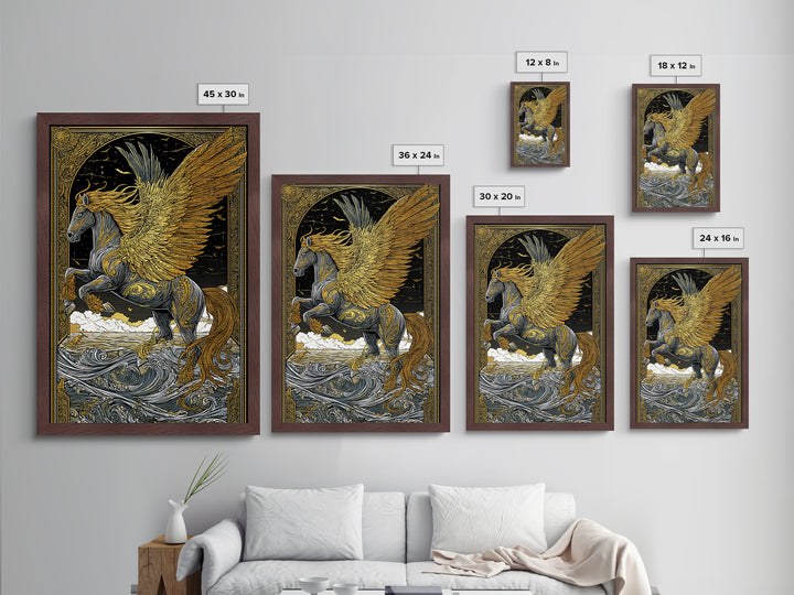 Winged Pegasus Metallic Gold Metal Print, Mythology Wall Art, Luxury Equine Artwork, Real Wood Framed Mythical Decor