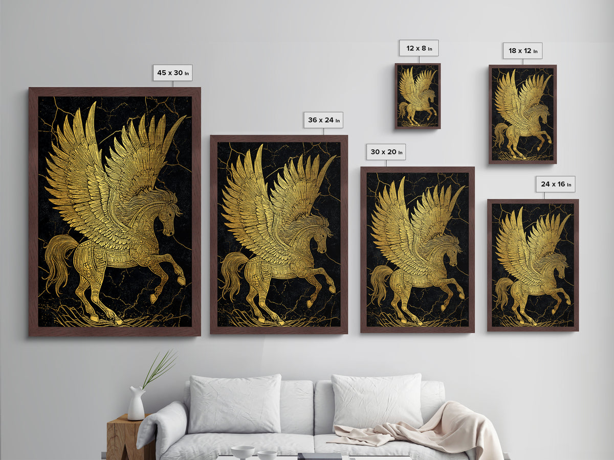 Golden Pegasus Metallic Gold Metal Print, Mythological Horse Artwork, Elegant Home Wall Art, Real Wood Framed Fantasy Decor
