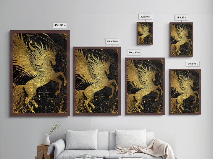 Abstract Pegasus Metallic Gold Art, Mythology Wall Print, Unique Equine Design, Real Wood Framed Modern Mythical Artwork