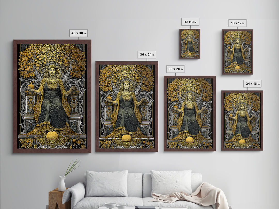 Seated Persephone Metallic Gold Metal Print, Goddess Of Fertility Wall Art, Mythological Decor, Real Wood Framed Artwork