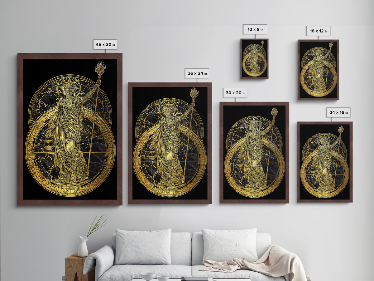 Divine Justice Metallic Gold Metal Print, Goddess With Torch Wall Art, Mythological Decor, Real Wood Framed Elegant Artwork