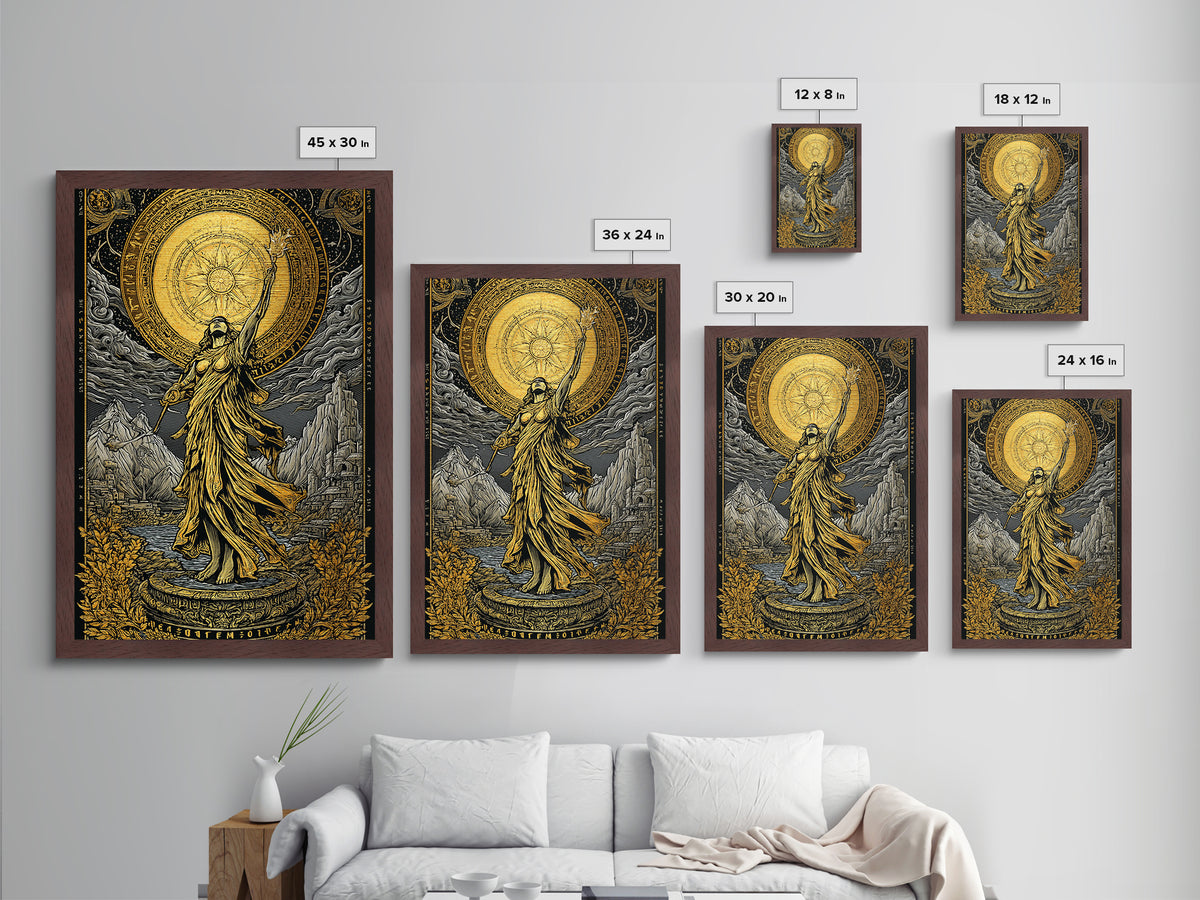 Celestial Goddess Metallic Gold Metal Print, Mythology Wall Art, Radiant Female Figure Artwork, Real Wood Framed Luxurious Decor