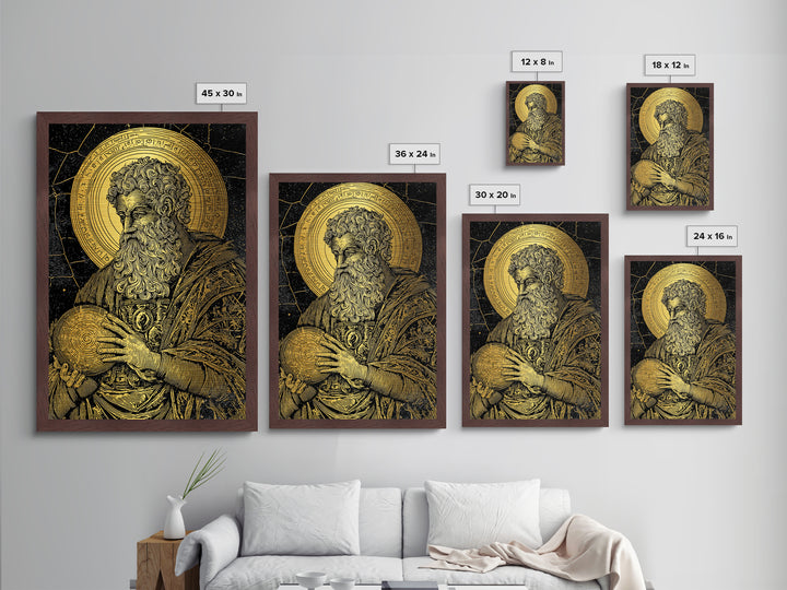 Ancient Philosopher Portrait Metallic Gold Metal Print, Scholar With Cosmic Halo Metallic Gold Art, Real Wood Frame Historical Wall Art