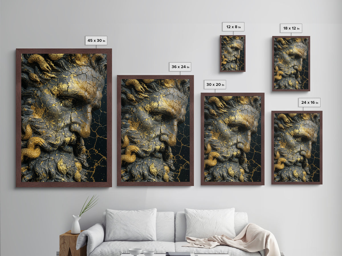 Mythological Sea God Bust Metallic Gold Metal Print, Ancient Ocean Deity Metallic Gold Art, Real Wood Frame Classical Myth Sculpture