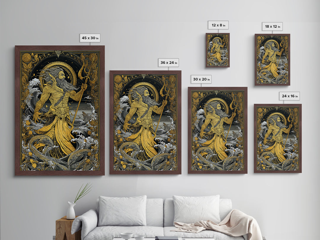 Poseidon Mythical Sea God Metallic Gold Metal Print, Ocean Trident Warrior Metallic Gold Art, Real Wood Frame Ancient Mythology Decor
