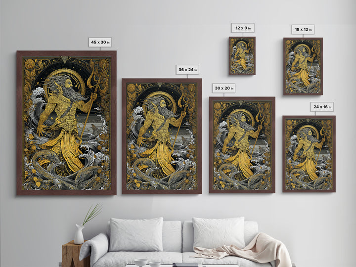 Poseidon Mythical Sea God Metallic Gold Metal Print, Ocean Trident Warrior Metallic Gold Art, Real Wood Frame Ancient Mythology Decor