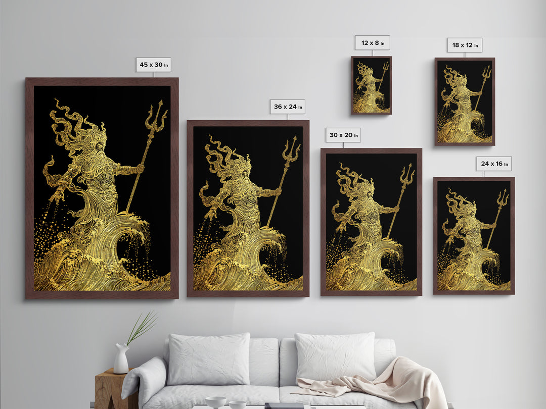 Poseidon Sea God Statue Metallic Gold Metal Print, Ocean Deity With Waves Metallic Gold Art, Real Wood Frame Classical Mythology Decor