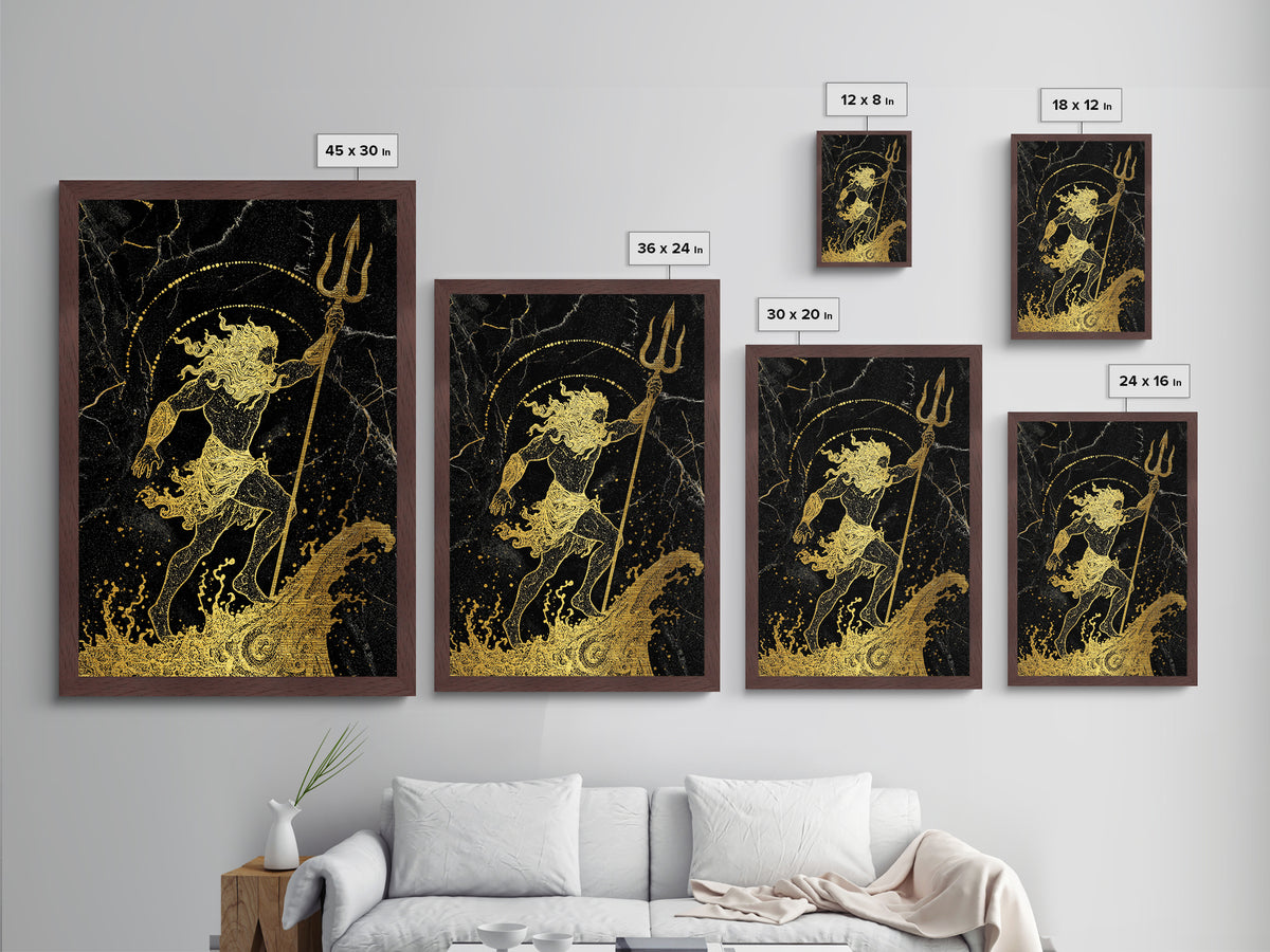 Poseidon Ruler Of The Seas Metallic Gold Metal Print, Ancient Trident God Metallic Gold Art, Real Wood Frame Mythological Wall Decor