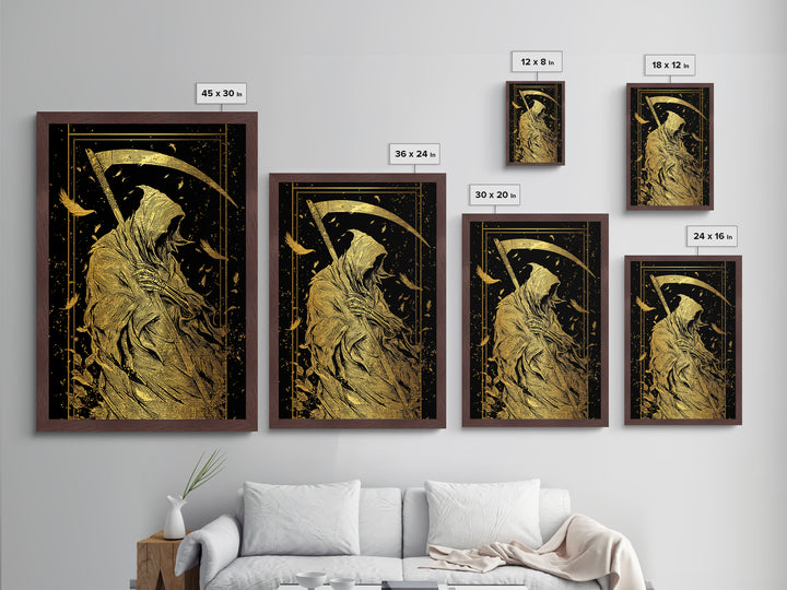 Death Figure Metallic Gold Metal Print, Gothic Skeleton Wall Art, Grim Reaper Mythology Artwork, Real Wood Frame, Dark Decor