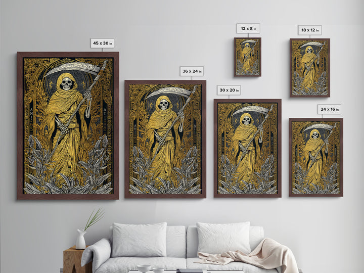 Hooded Skeleton Metallic Gold Metal Print, Grim Reaper Gothic Wall Art, Dark Mythology Artwork, Real Wood Frame, Unique Decor