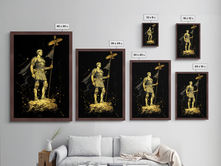Roman General Holding Standard, Metallic Gold Metal Print, Classical History Inspired Wall Decor, Real Wood Frame
