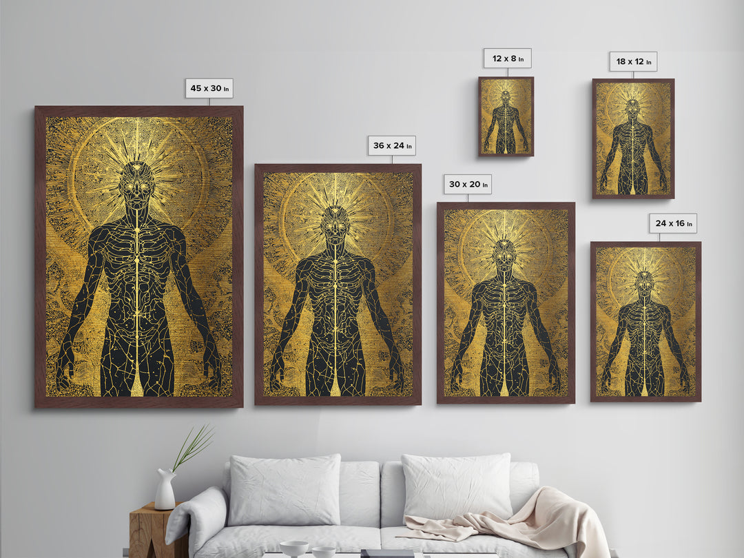 Celestial Radiance Figure, Metallic Gold Art, Mythological Cosmic Wall Print, Spiritual Decor With Real Wood Frame