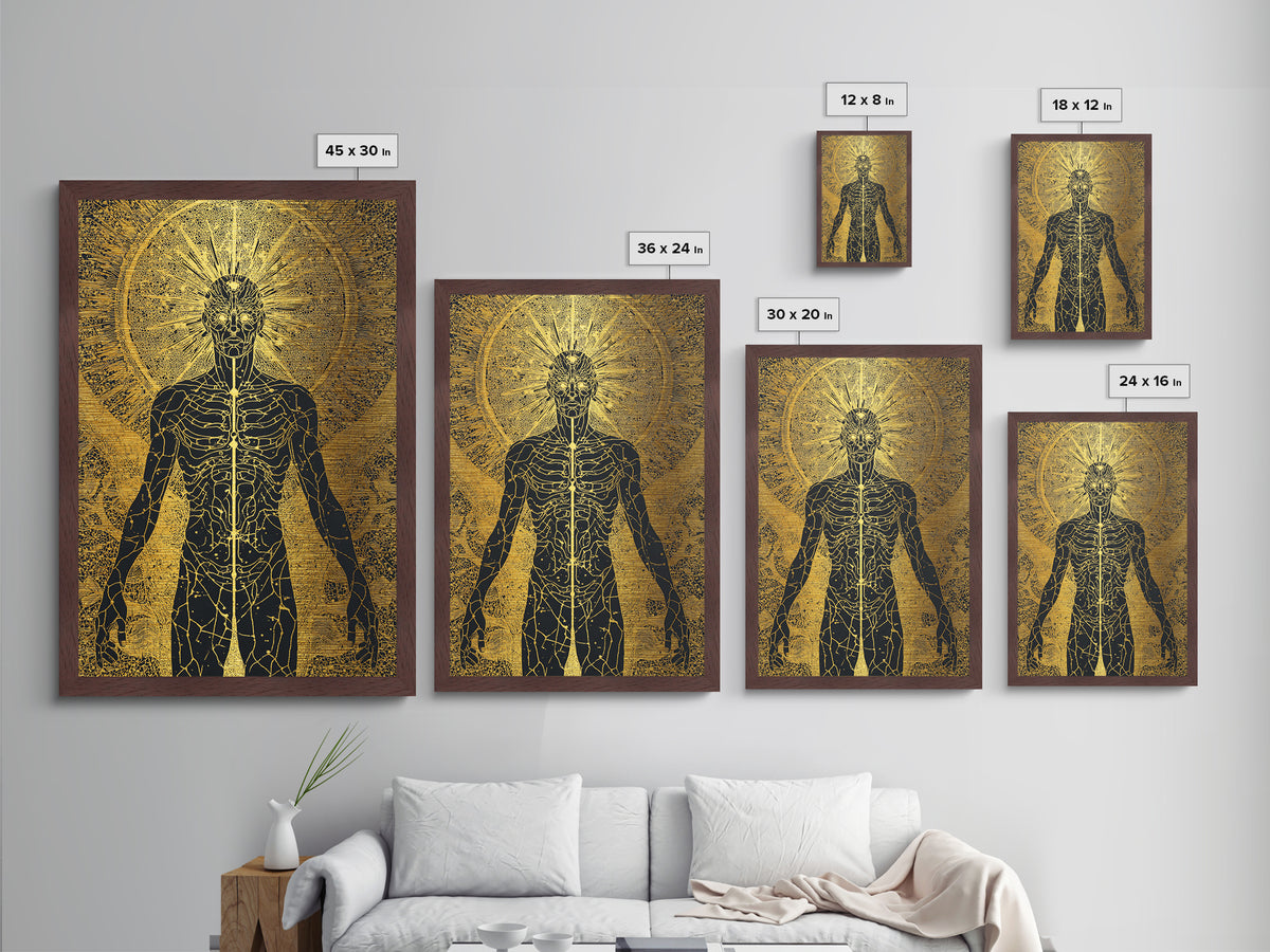 Celestial Radiance Figure, Metallic Gold Art, Mythological Cosmic Wall Print, Spiritual Decor With Real Wood Frame