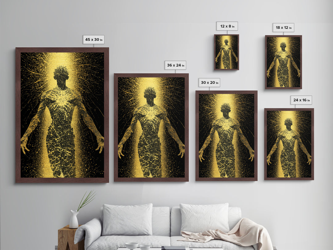 Golden Cosmic Silhouette, Metallic Gold Metal Print, Abstract Mythology Inspired Wall Decor, Real Wood Frame