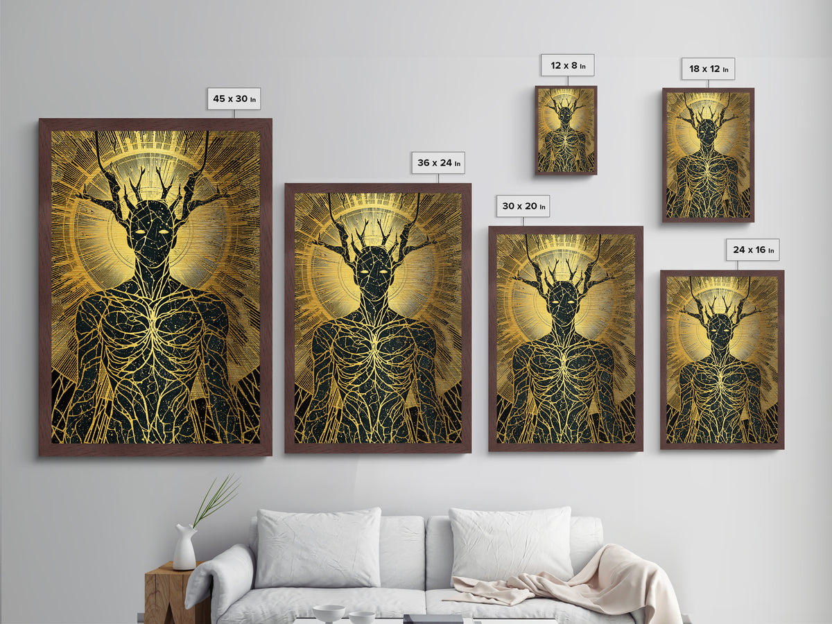 Mythic Antlered Deity, Metallic Gold Metal Print, Cosmic Inspired Wall Art, Real Wood Frame For Elegant Decor