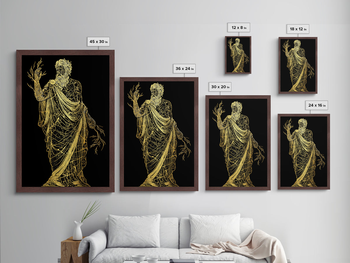 Greek God Metallic Gold Art, Zeus Mythology Wall Print, Lightning Power Decor, Luxury Metal Artwork, Real Wood Frame