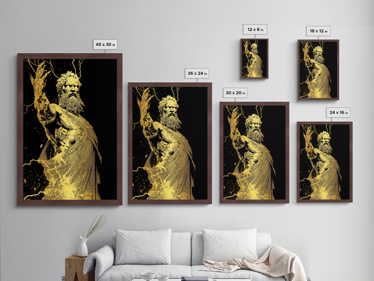 Heavenly Ruler Metallic Gold Metal Print, Zeus Divine Wall Art, Lightning God Decor, Luxury Mythology Artwork, Real Wood Frame