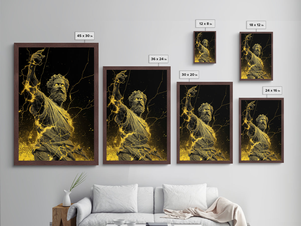 Lightning God Metallic Gold Art, Powerful Zeus Wall Print, Mythology Inspired Decor, Ancient Greek Metal Artwork, Real Wood Frame