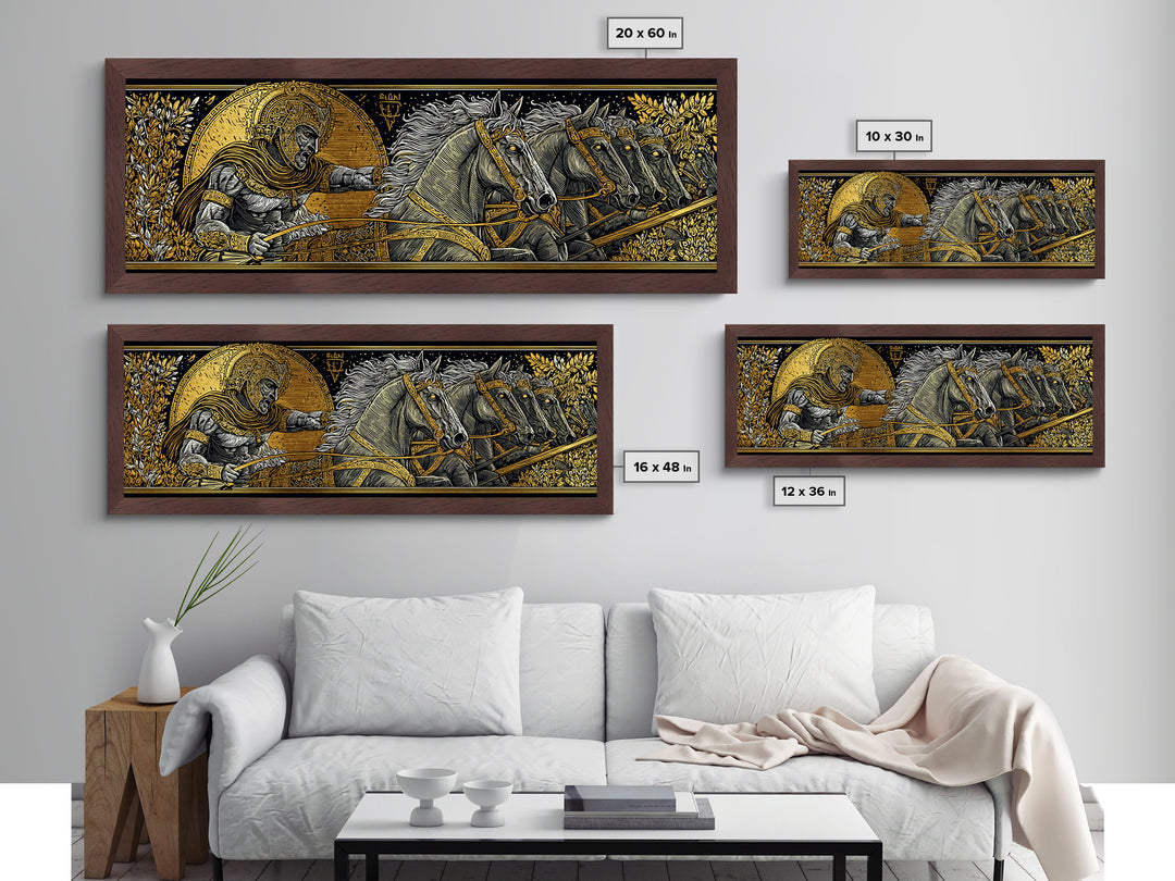 Heroic Greek Warrior With Horses, Ancient Mythology Wall Decor, Metallic Gold Metal Print, Real Wood Frame