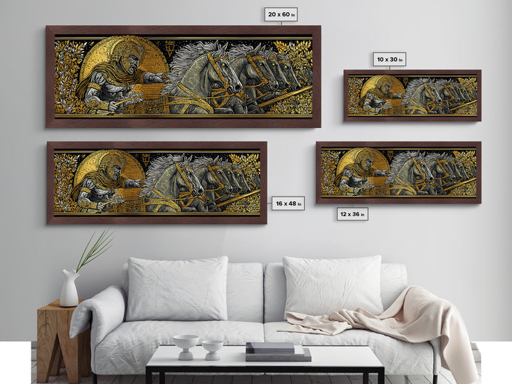 Heroic Greek Warrior With Horses, Ancient Mythology Wall Decor, Metallic Gold Metal Print, Real Wood Frame