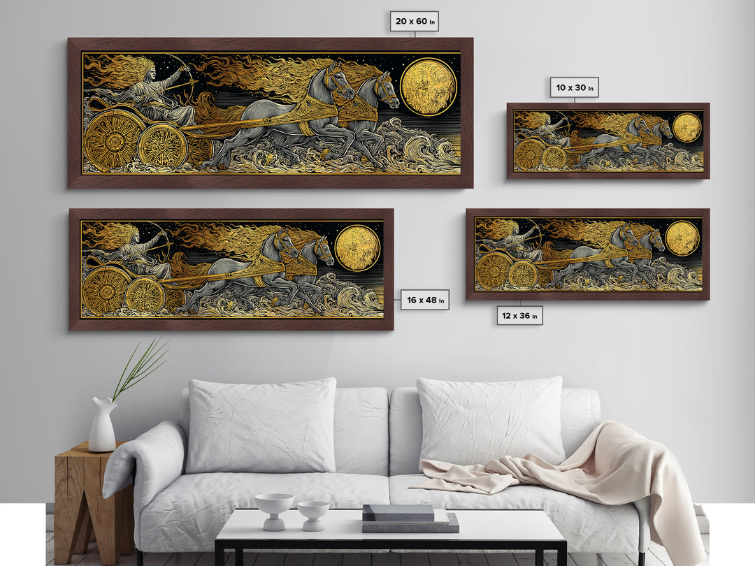 Sun God Chariot, Mythological Horses And Flames Wall Decor, Metallic Gold Metal Print, Real Wood Framed Art