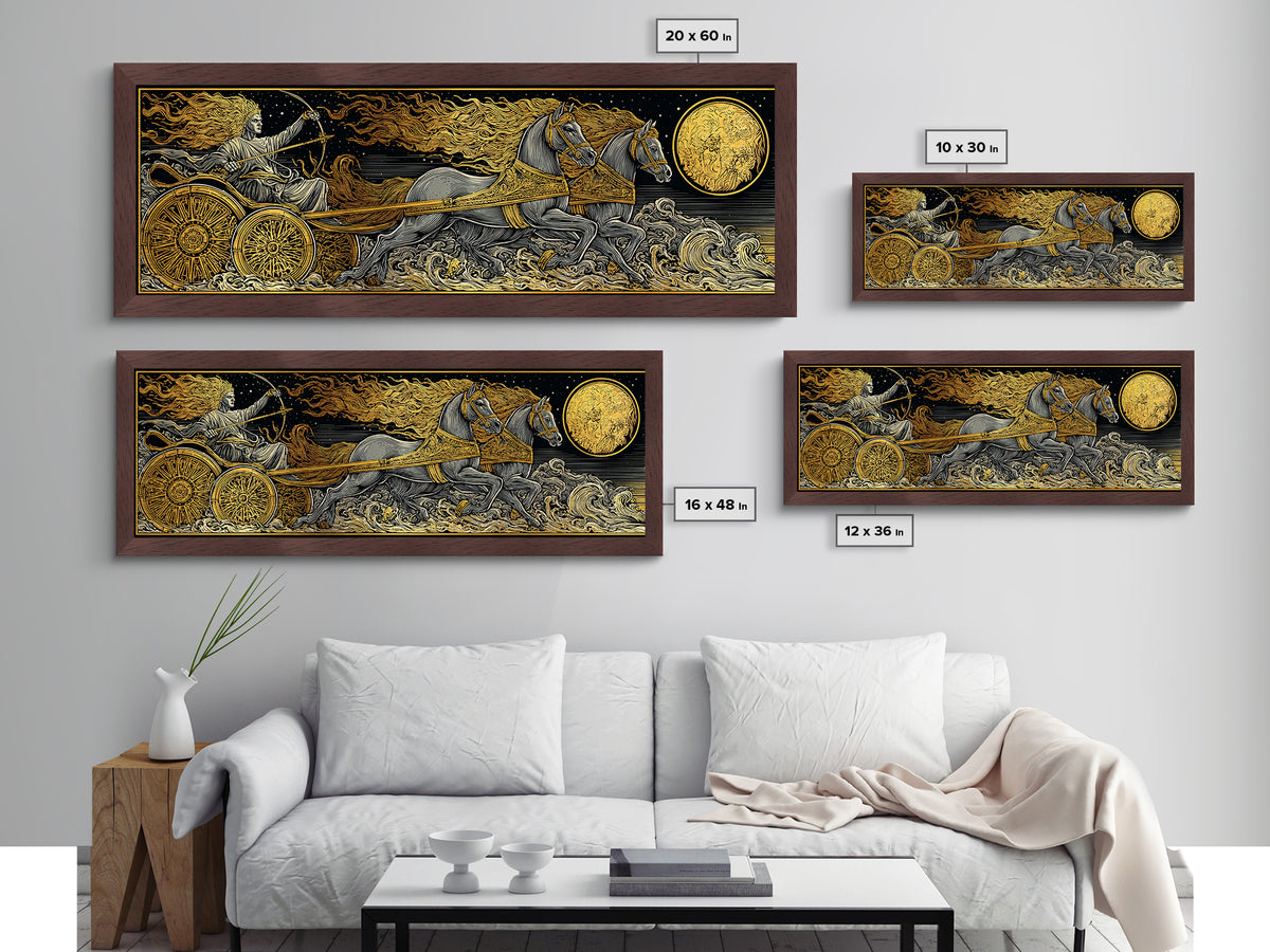 Sun God Chariot, Mythological Horses And Flames Wall Decor, Metallic Gold Metal Print, Real Wood Framed Art