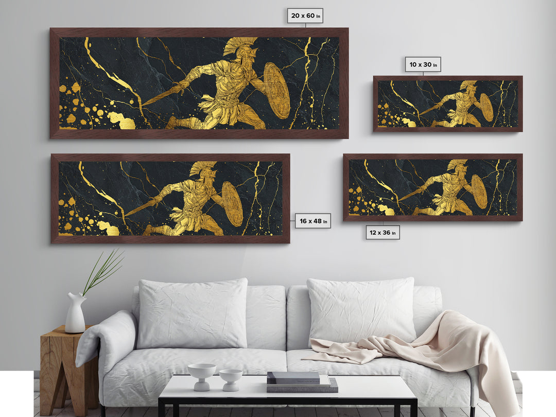 Spartan Warrior With Sword And Shield, Ancient Greek Mythology Wall Decor, Metallic Gold Metal Print, Real Wood Frame