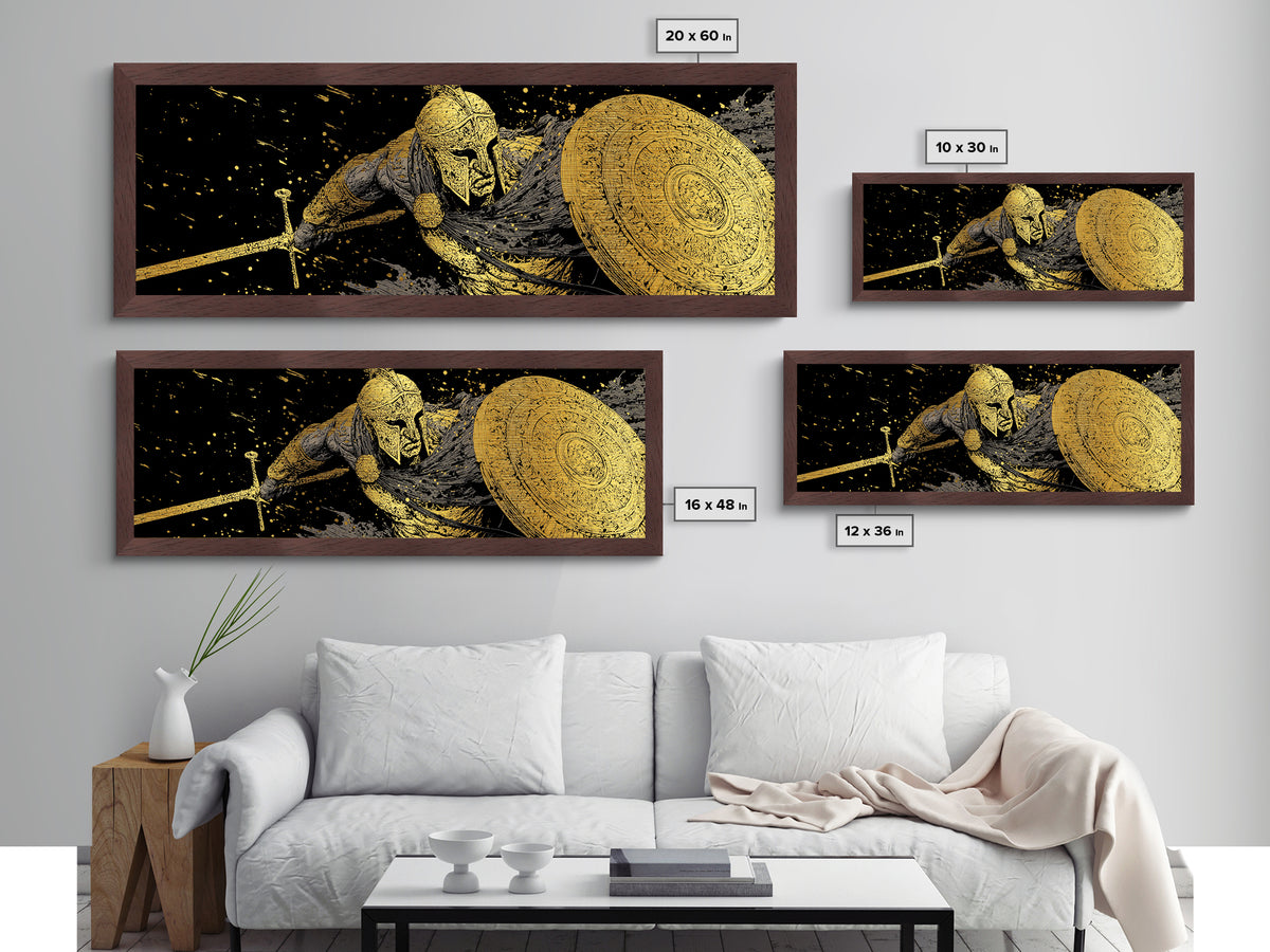 Ornate Spartan Warrior With Shield And Sword, Ancient Battle Scene Artwork, Metallic Gold Metal Print, Real Wood Frame