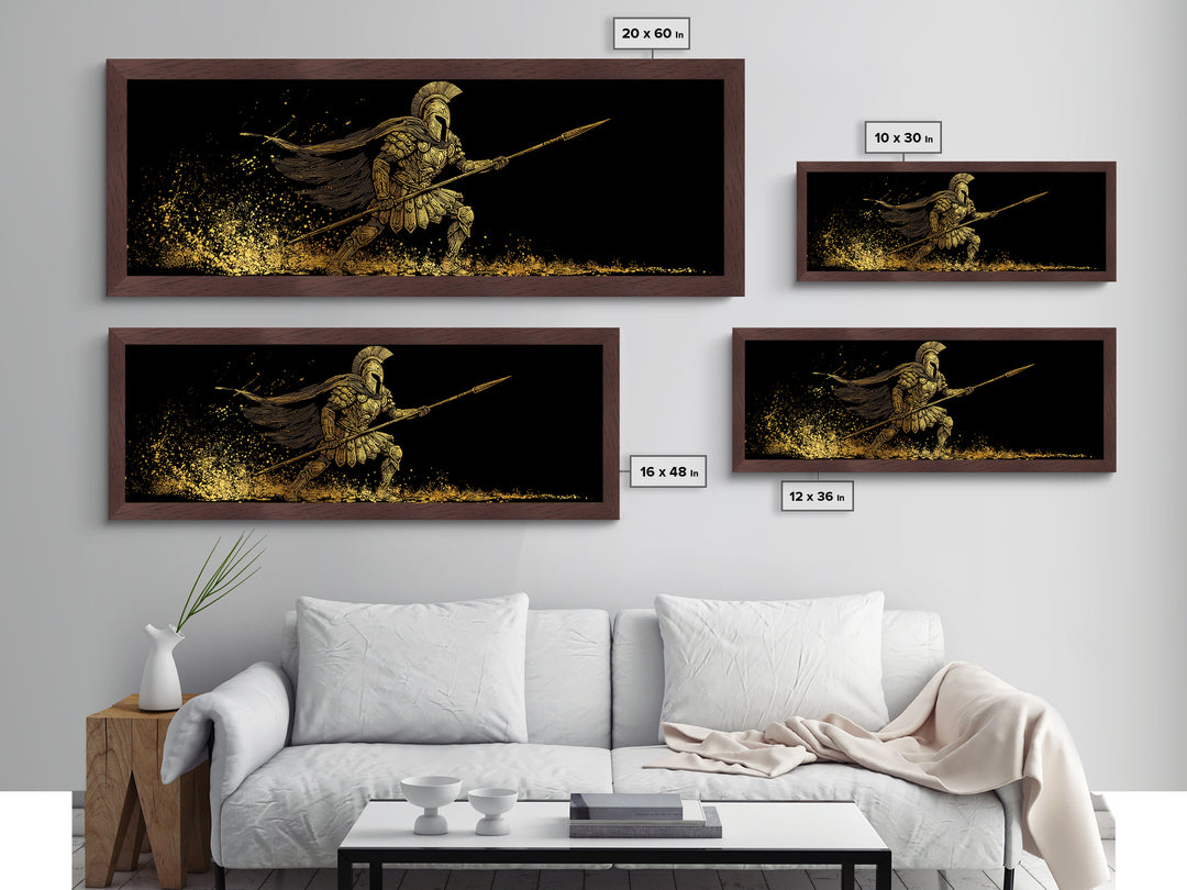 Spartan Warrior With Flowing Cape And Spear, Ancient Greek Mythology Decor, Metallic Gold Metal Print, Real Wood Frame