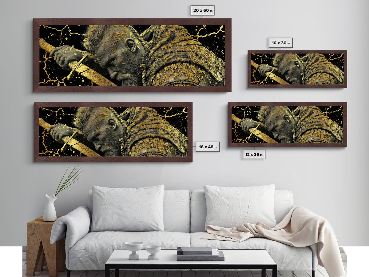 Viking Warrior With Sword And Runes, Mythological Hero Artwork, Metallic Gold Metal Print, Real Wood Frame