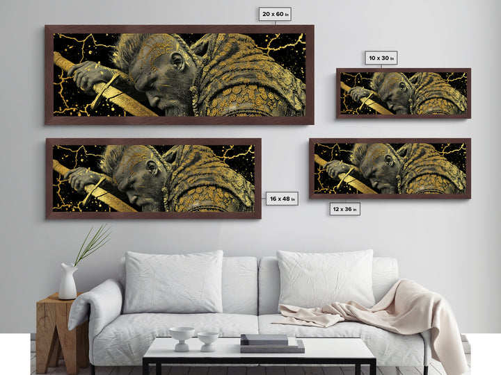 Viking Warrior With Sword And Runes, Mythological Hero Artwork, Metallic Gold Metal Print, Real Wood Frame