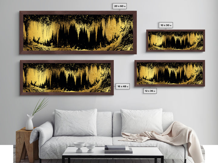 Golden Cave With Stalactites And Figures, Mythological Decorative Wall Art, Metallic Gold Metal Print, Real Wood Frame