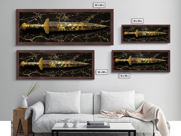 Ancient Greek Sword Engraved With Mythology, Decorative Heroic Weapon Artwork, Metallic Gold Metal Print, Real Wood Frame