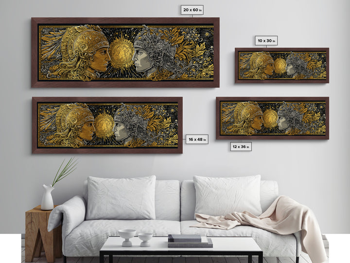 Warrior Gods Face To Face, Ancient Mythological Helmet Artwork, Metallic Gold Metal Print, Real Wood Frame Wall Art