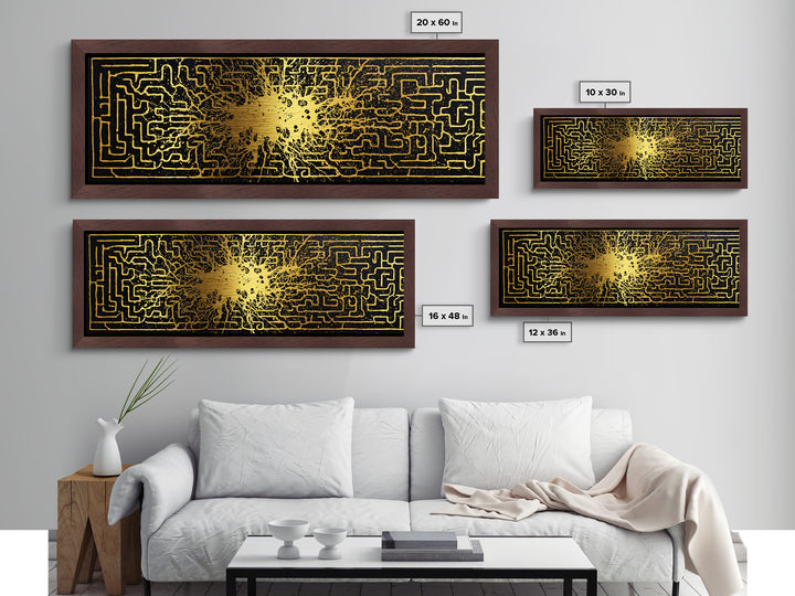 Intricate Labyrinth Pattern Artwork, Mythological Maze Wall Decor, Metallic Gold Metal Print, Real Wood Frame