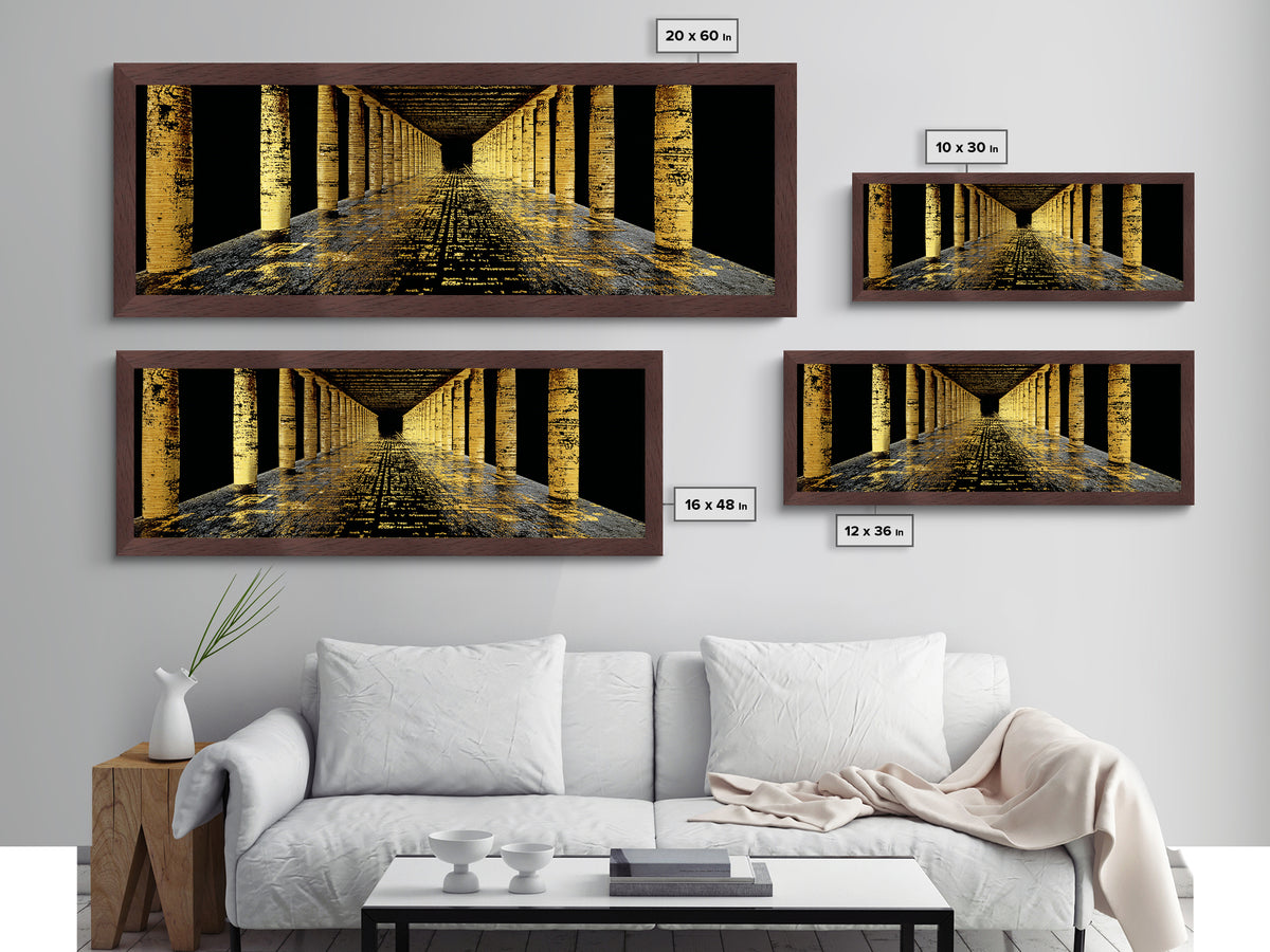 Endless Golden Pillars Corridor, Ancient Greek Architecture Metallic Gold Metal Print, Mythology Wall Art, Real Wood Frame