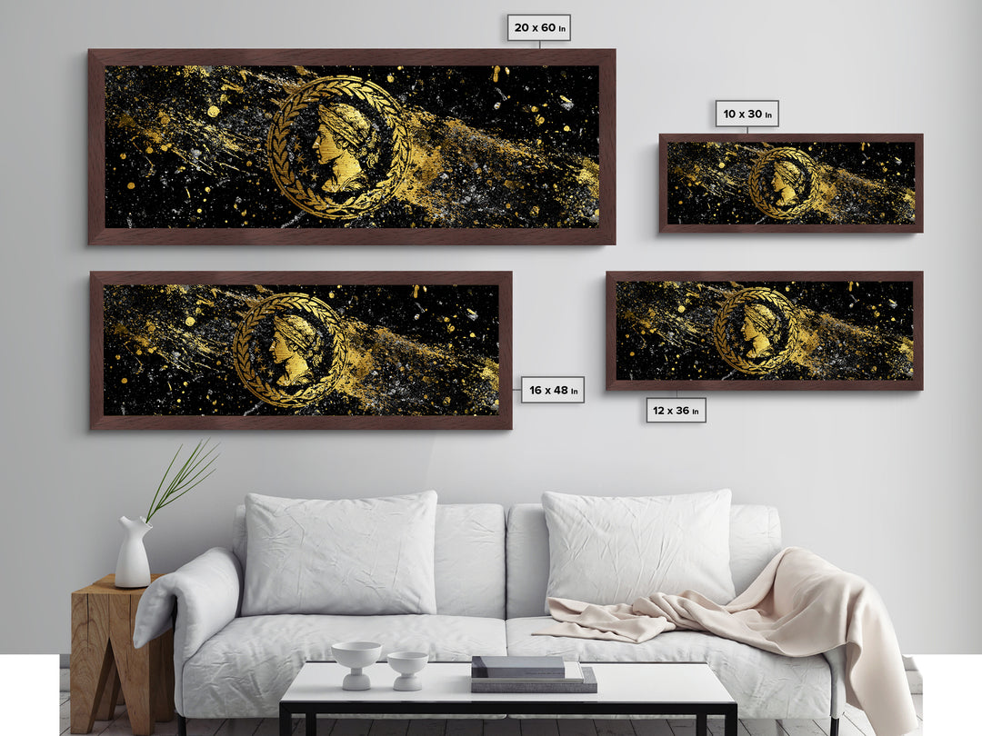 Roman Coin Inspired Portrait, Classical Ancient Empire Wall Artwork, Metallic Gold Metal Print, Real Wood Frame Art