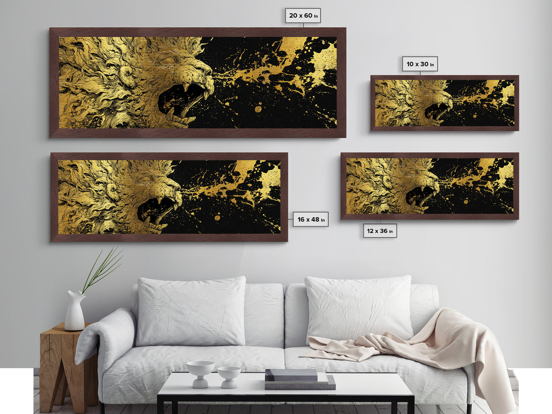 Roaring Lion Of Mythology, Fierce King Of Beasts Ancient Artwork, Metallic Gold Metal Print, Real Wood Frame Wall Decor