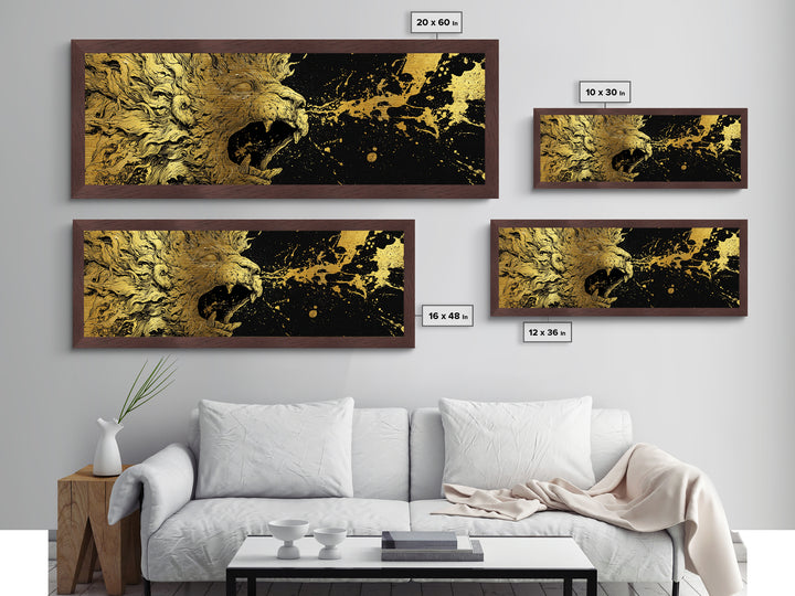 Roaring Lion Of Mythology, Fierce King Of Beasts Ancient Artwork, Metallic Gold Metal Print, Real Wood Frame Wall Decor