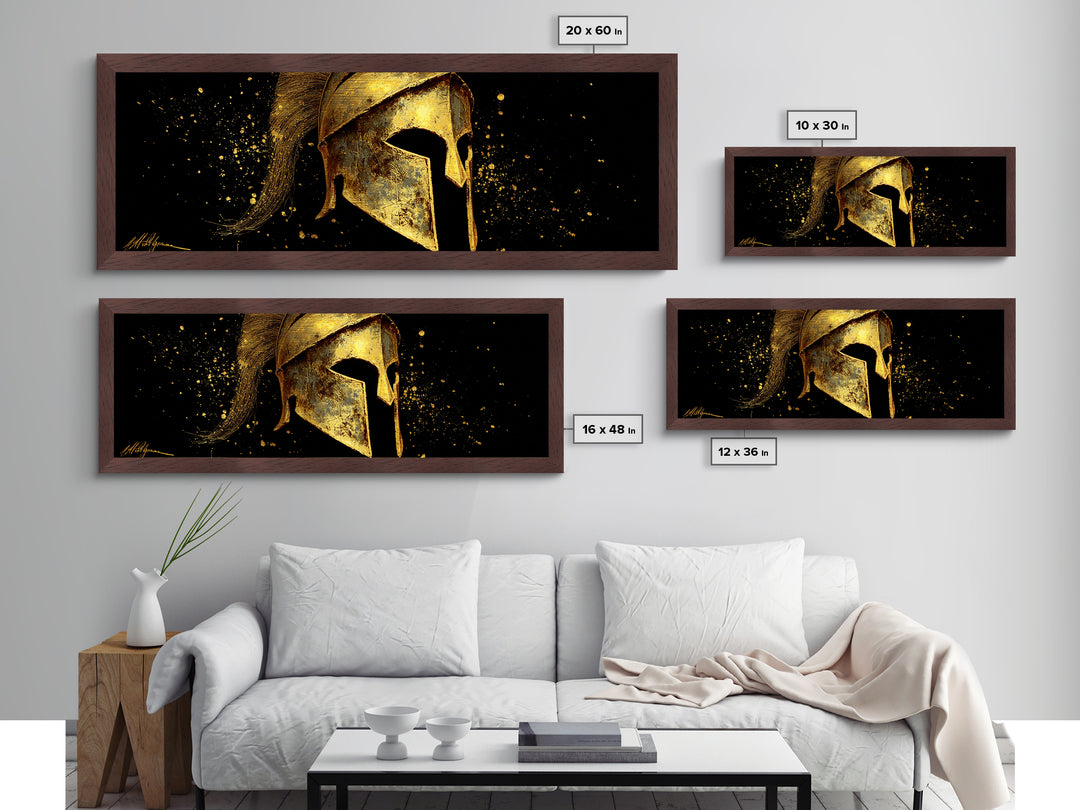 Spartan Warrior Helmet, Ancient Greek Armor Mythological Artwork, Metallic Gold Metal Print, Real Wood Frame Wall Art