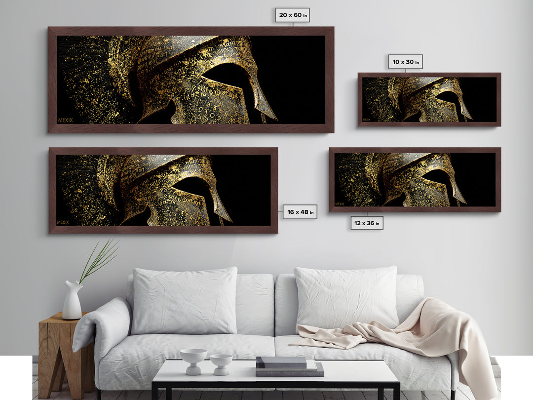 Spartan Helmet Close Up, Ancient Greek Warrior Armor Wall Decor, Metallic Gold Metal Print, Real Wood Frame
