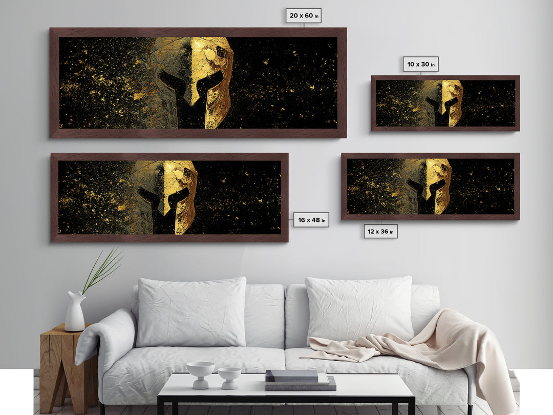 Half Face Spartan Helmet, Ornate Warrior Armor Greek Mythology Artwork, Metallic Gold Metal Print, Real Wood Frame Wall Art
