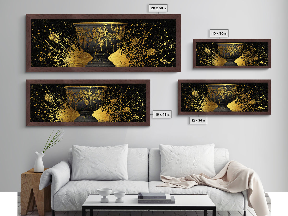 Grapevine Chalice Artwork, Classical Mythological Cup Decorative Wall Design, Metallic Gold Metal Print, Real Wood Frame Wall Art