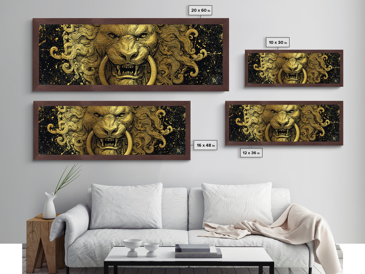 Roaring Lion Head, Fierce Mythological Beast Symbol Of Power Wall Artwork, Metallic Gold Metal Print, Real Wood Frame Wall Decor