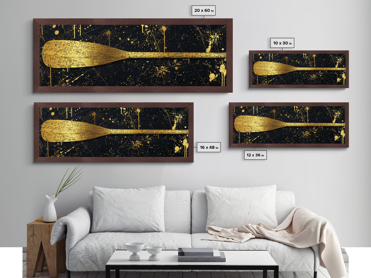 Ancient Oar Artwork, Mythological Paddle With Script Decorative Wall Design, Metallic Gold Metal Print, Real Wood Frame Wall Art