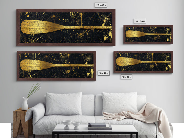 Ancient Oar Artwork, Mythological Paddle With Script Decorative Wall Design, Metallic Gold Metal Print, Real Wood Frame Wall Art